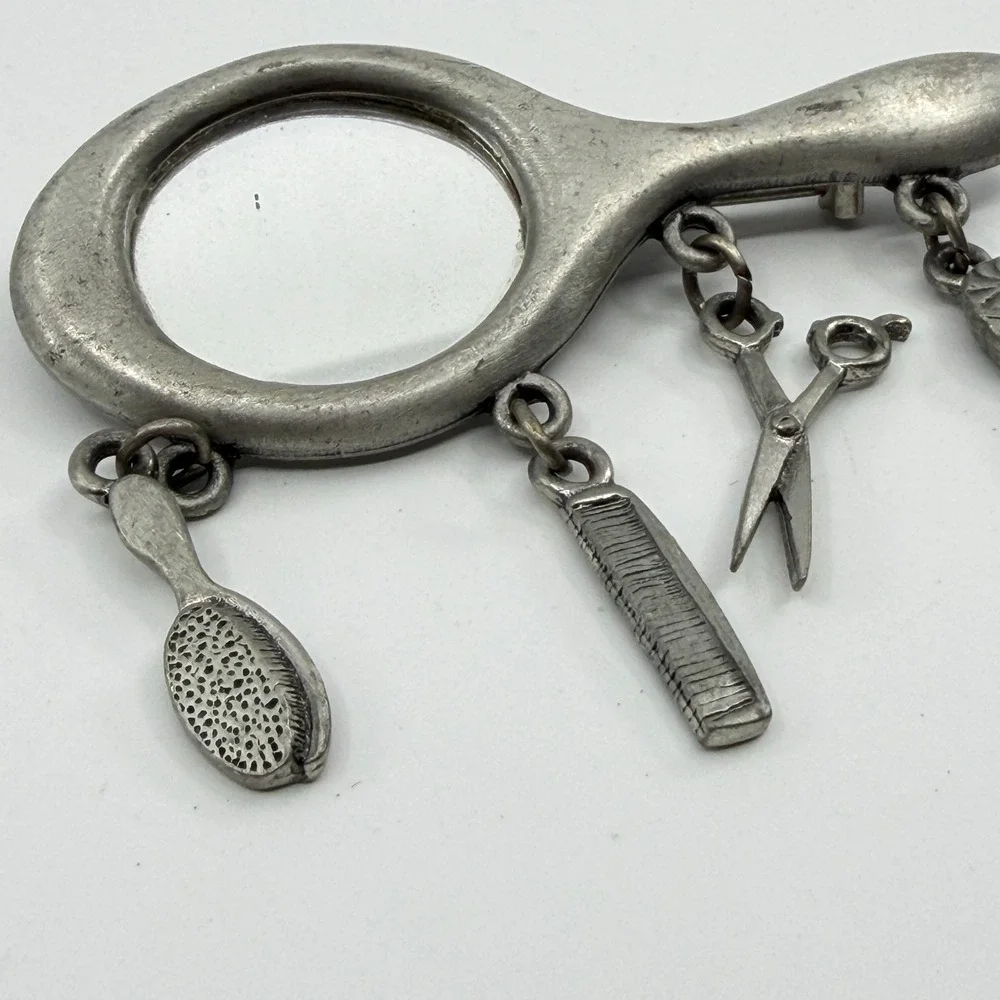 Hair Stylist Mirror Brooch Pin Silver Tone Comb Scissors Dryer Dangle Charms